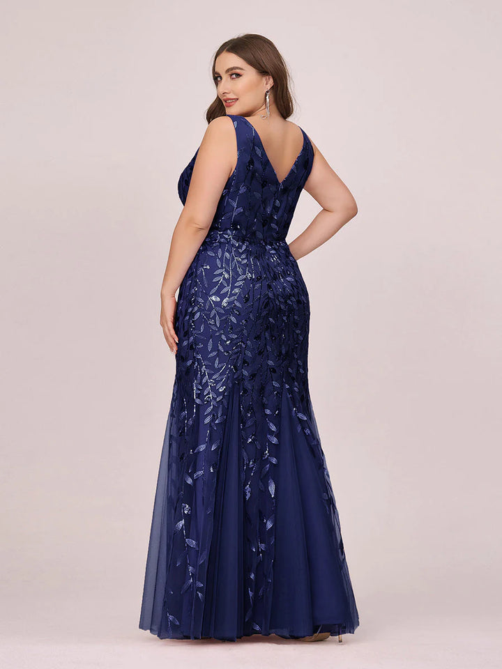 Sparkly Long Sleeve V-Neck Plus Size Evening Dress - CALABRO®