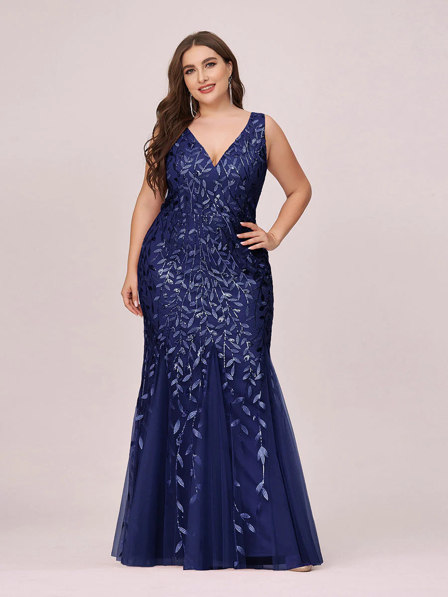 Sparkly Long Sleeve V-Neck Plus Size Evening Dress - CALABRO®