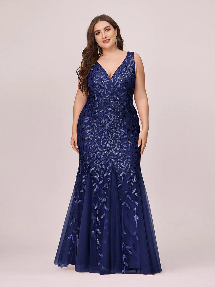 Sparkly Long Sleeve V-Neck Plus Size Evening Dress - CALABRO®