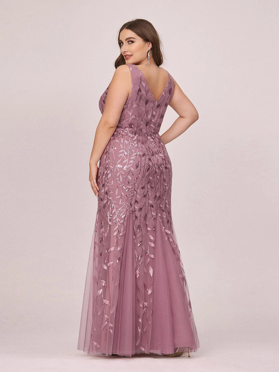 Sparkly Long Sleeve V-Neck Plus Size Evening Dress - CALABRO®