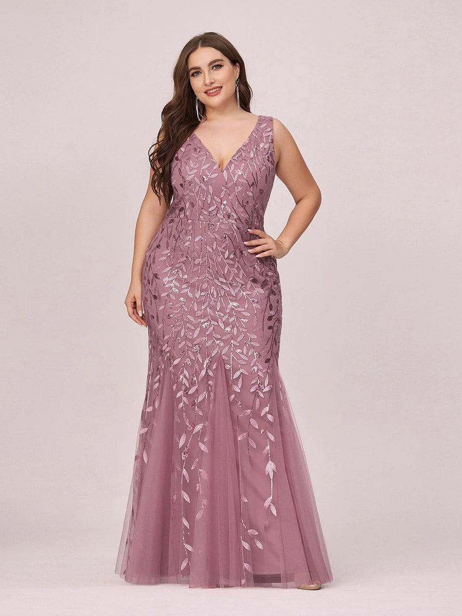 Sparkly Long Sleeve V-Neck Plus Size Evening Dress - CALABRO®