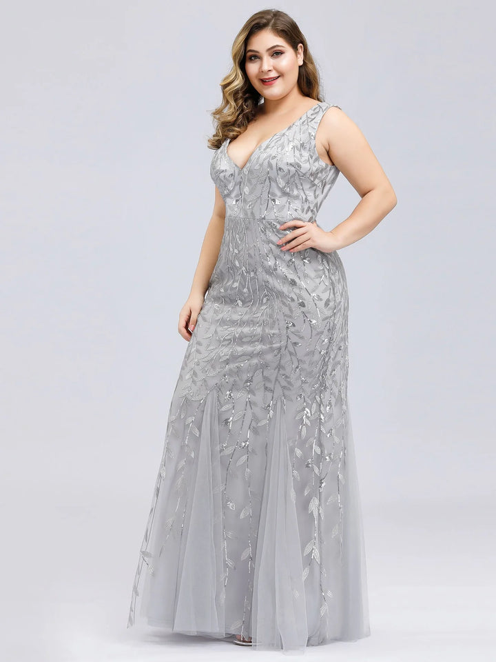 Sparkly Long Sleeve V-Neck Plus Size Evening Dress - CALABRO®