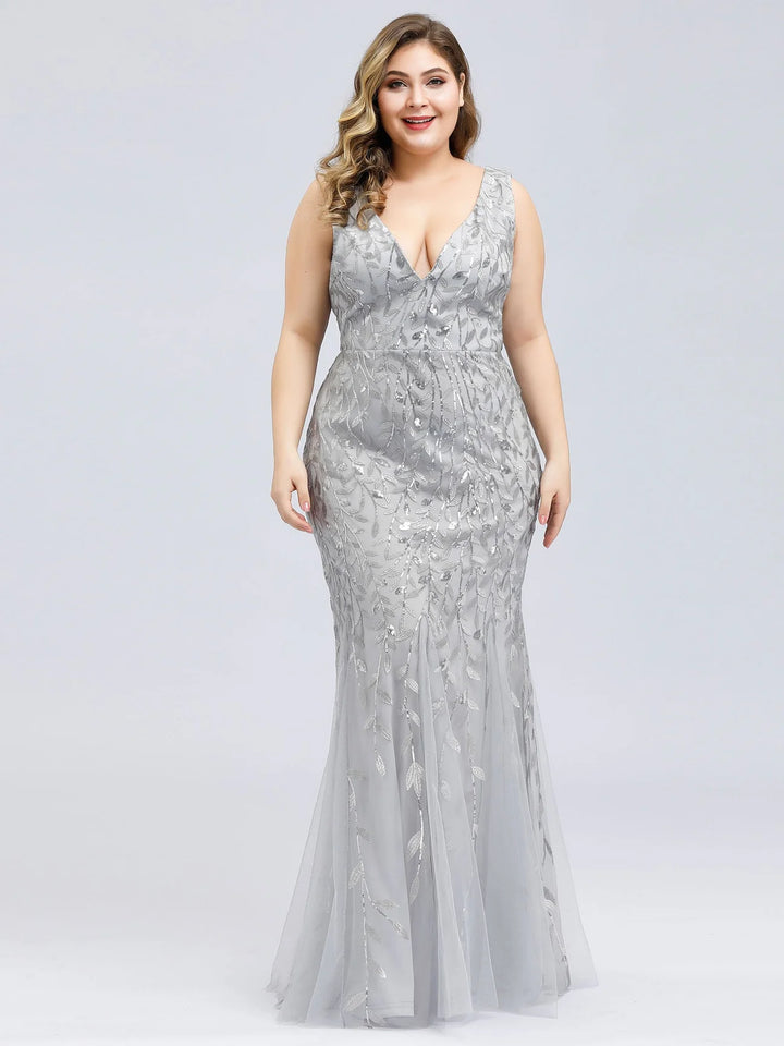 Sparkly Long Sleeve V-Neck Plus Size Evening Dress - CALABRO®