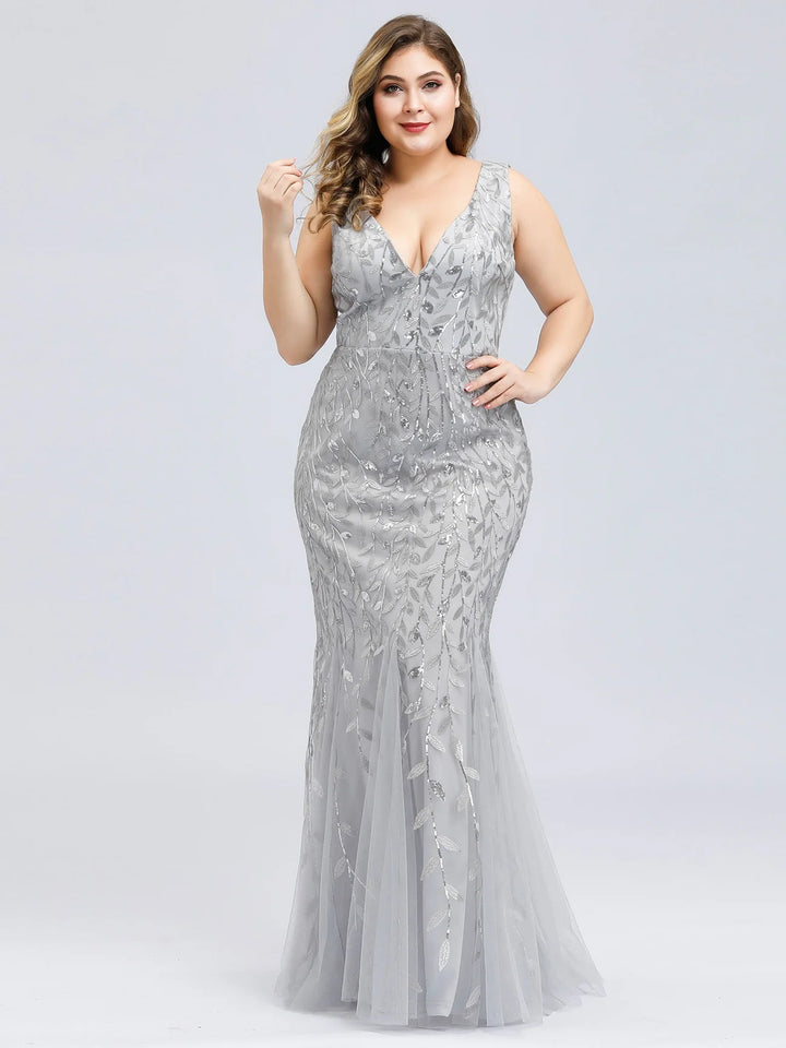 Sparkly Long Sleeve V-Neck Plus Size Evening Dress - CALABRO®