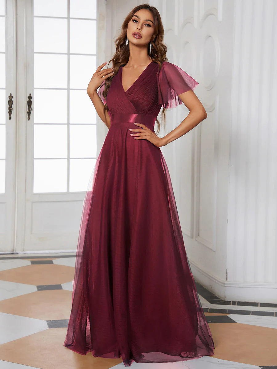 Women's Pretty V-Neck A-Line Floor-Length Bridesmaid Dress - CALABRO®