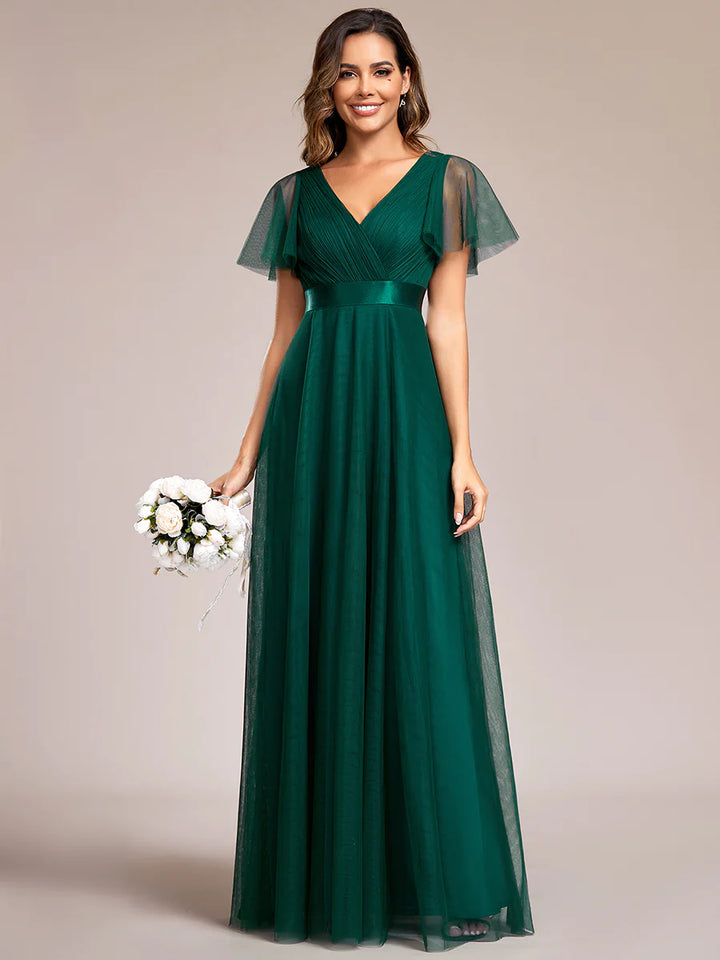 Women's Pretty V-Neck A-Line Floor-Length Bridesmaid Dress - CALABRO®