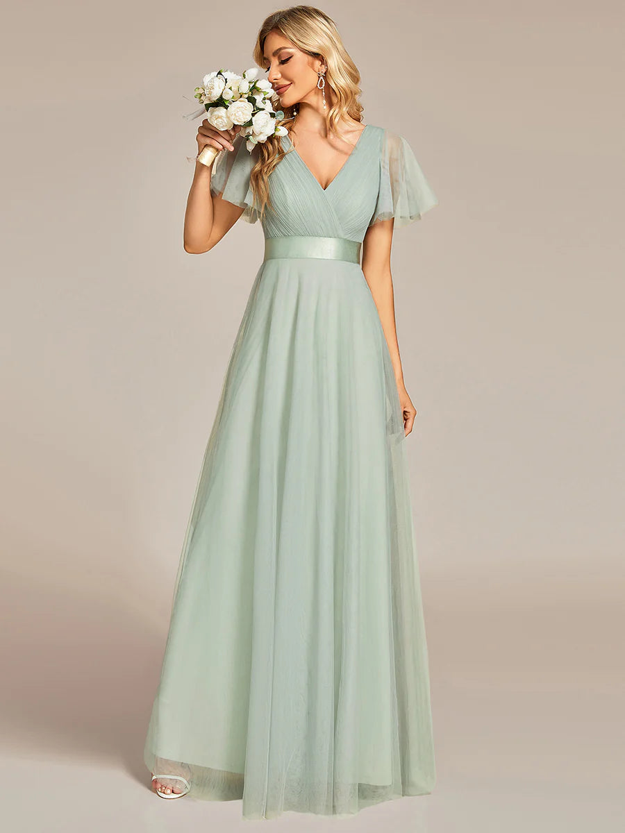 Women's Pretty V-Neck A-Line Floor-Length Bridesmaid Dress - CALABRO®