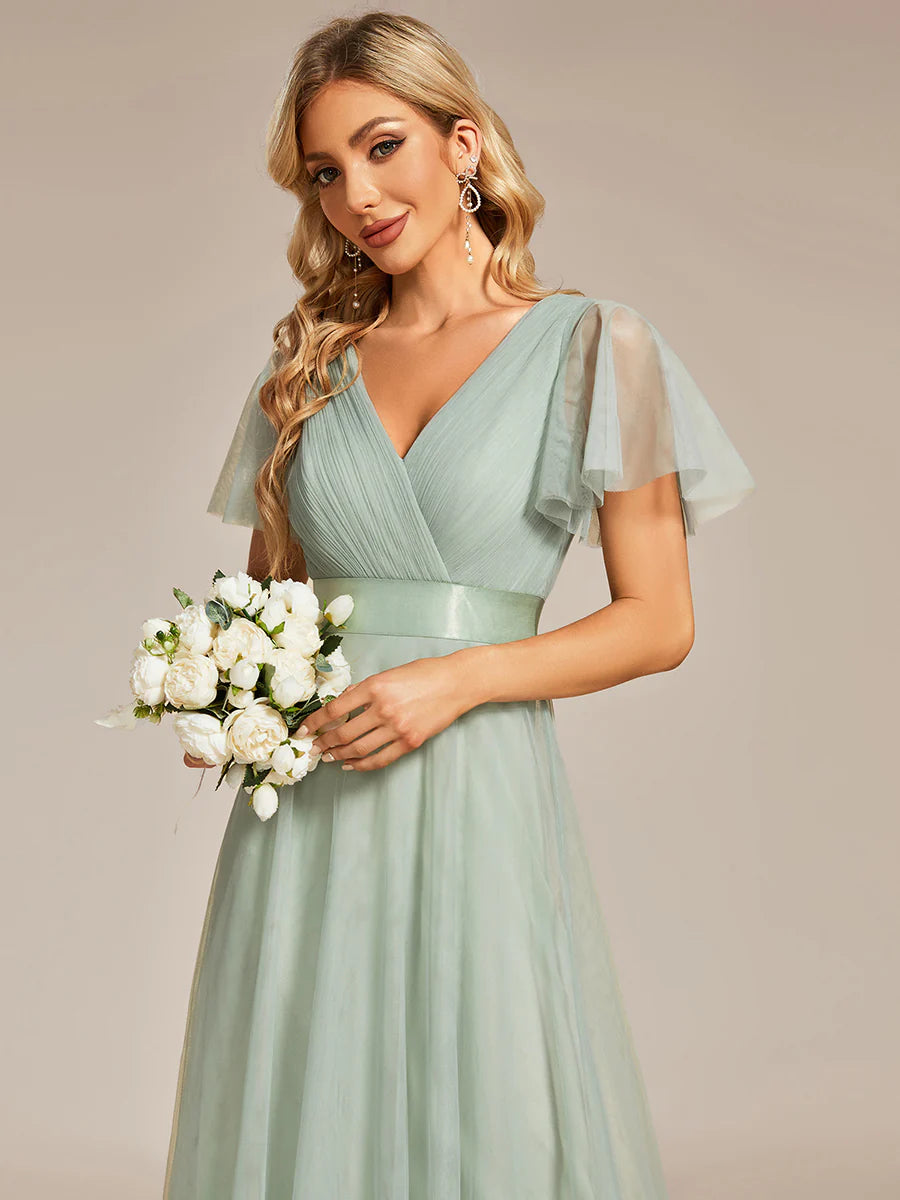 Women's Pretty V-Neck A-Line Floor-Length Bridesmaid Dress - CALABRO®