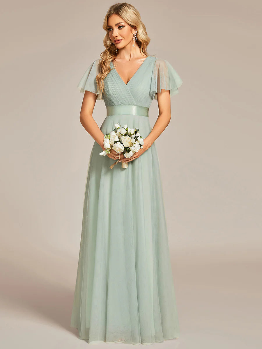 Women's Pretty V-Neck A-Line Floor-Length Bridesmaid Dress - CALABRO®