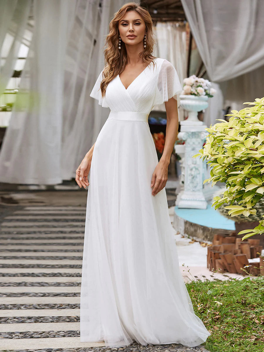 V-Neck Butterfly Sleeves Wedding Dress - CALABRO®