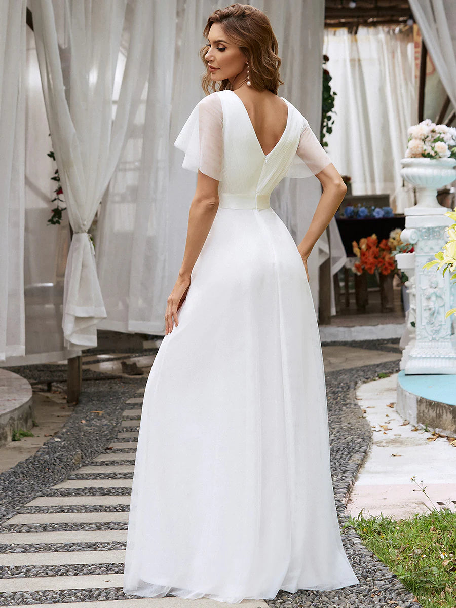 V-Neck Butterfly Sleeves Wedding Dress - CALABRO®