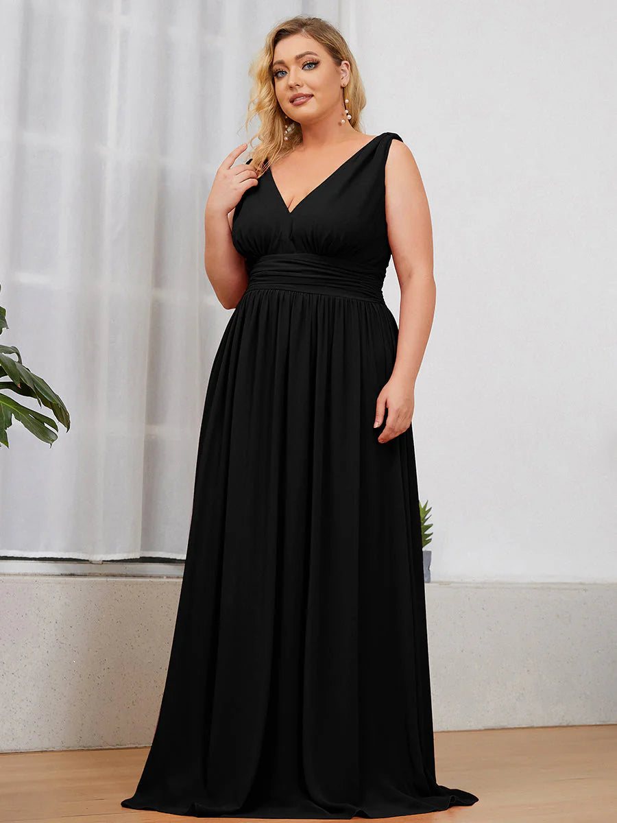 Double V-Neck Maxi Long Plus Size Evening Dresses