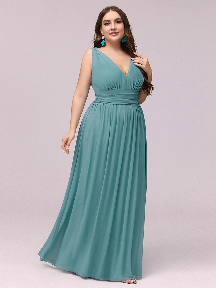 V-Neck Ruched Top Flowy Plus Size Evening Dresses - CALABRO®