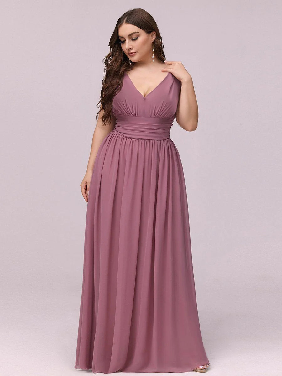 V-Neck Ruched Top Flowy Plus Size Evening Dresses - CALABRO®