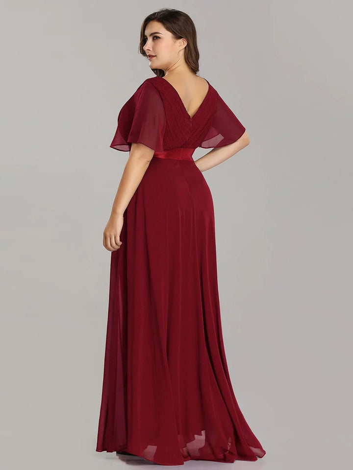 Butterfly Sleeve Pleated Top V-Neck Bridesmaid Dress - CALABRO®