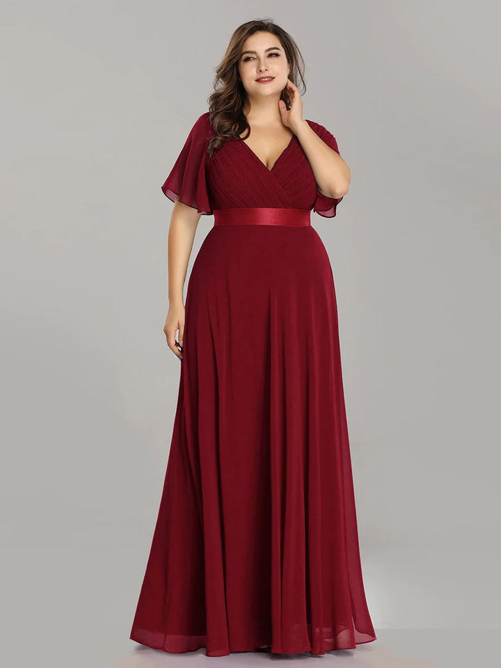 Butterfly Sleeve Pleated Top V-Neck Bridesmaid Dress - CALABRO®