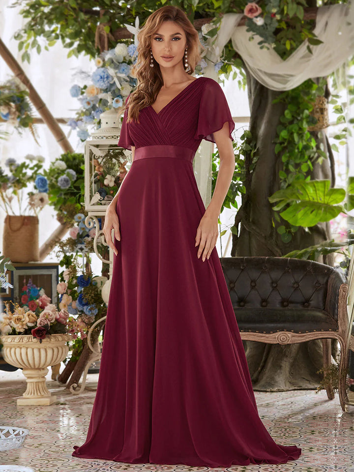 Butterfly Sleeve Pleated Top V-Neck Bridesmaid Dress - CALABRO®