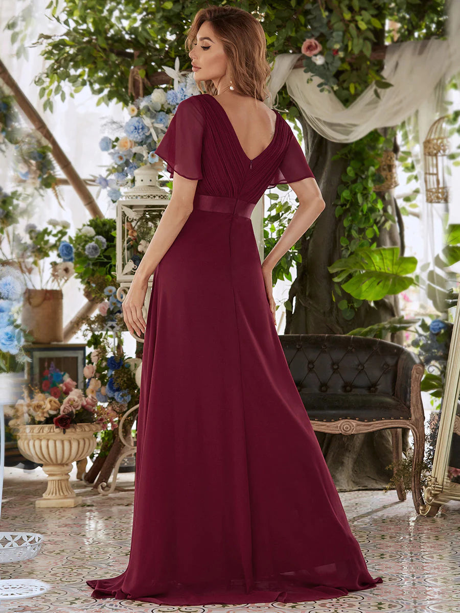 Butterfly Sleeve Pleated Top V-Neck Bridesmaid Dress - CALABRO®