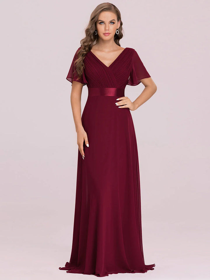 Butterfly Sleeve Pleated Top V-Neck Bridesmaid Dress - CALABRO®