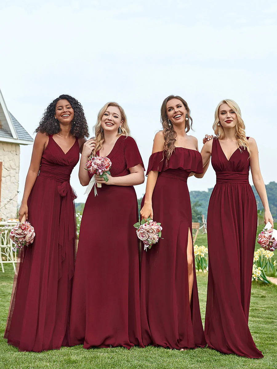 Butterfly Sleeve Pleated Top V-Neck Bridesmaid Dress - CALABRO®