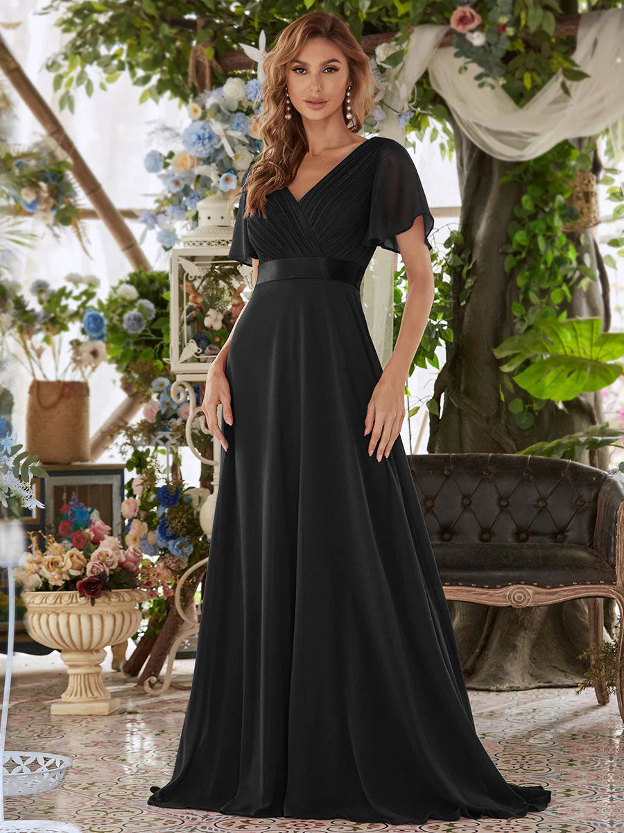 Butterfly Sleeve Pleated Top V-Neck Bridesmaid Dress - CALABRO®