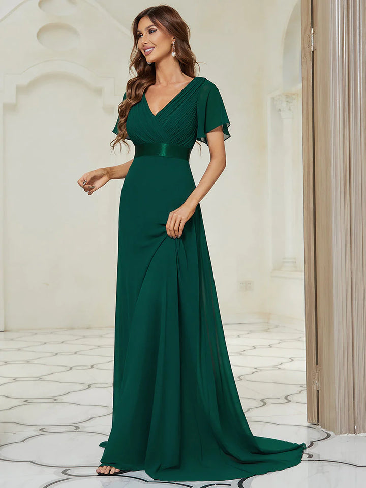 Butterfly Sleeve Pleated Top V-Neck Bridesmaid Dress - CALABRO®