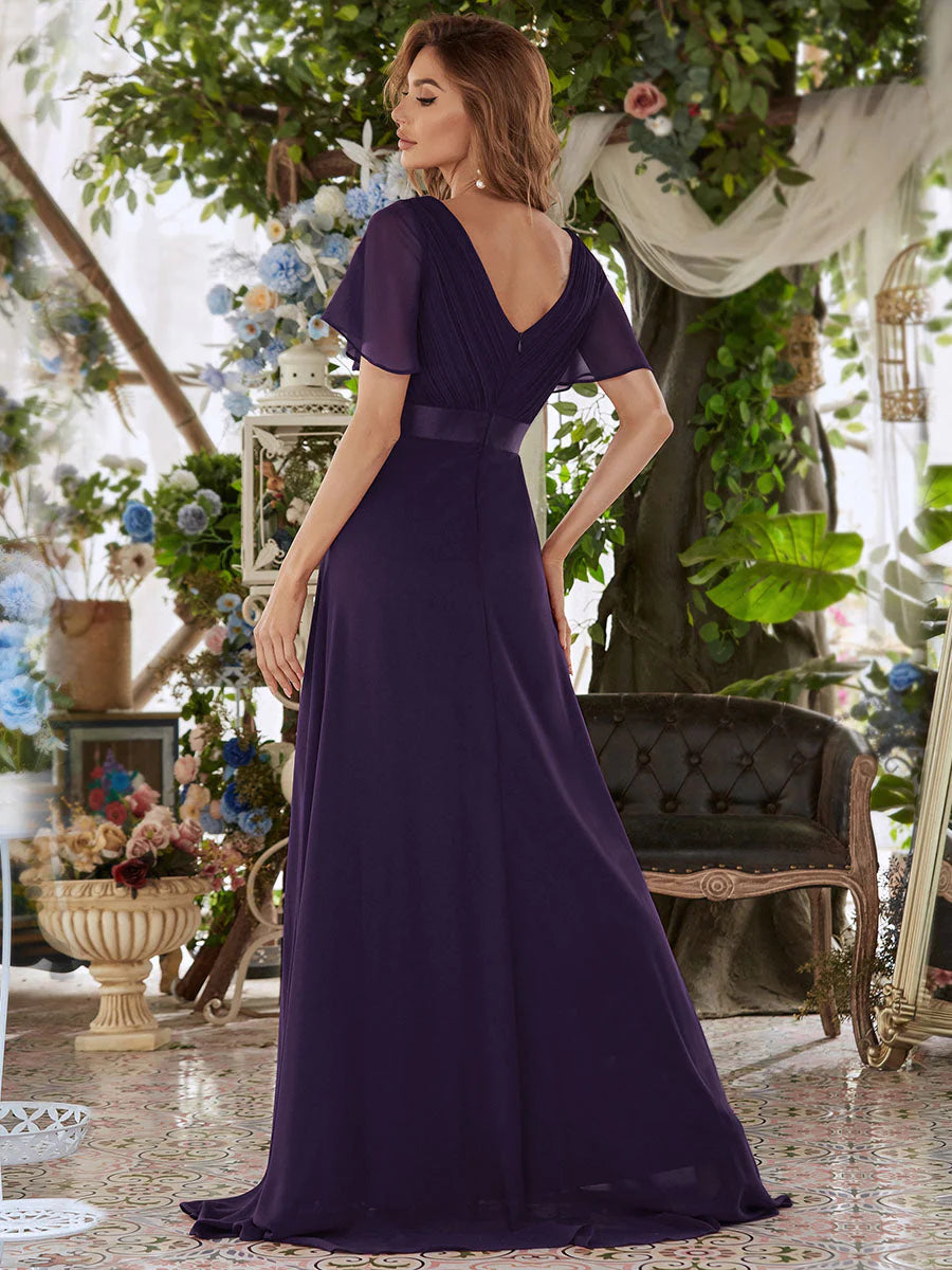 Butterfly Sleeve Pleated Top V-Neck Bridesmaid Dress - CALABRO®