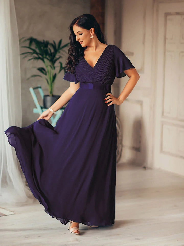 Butterfly Sleeve Pleated Top V-Neck Bridesmaid Dress - CALABRO®