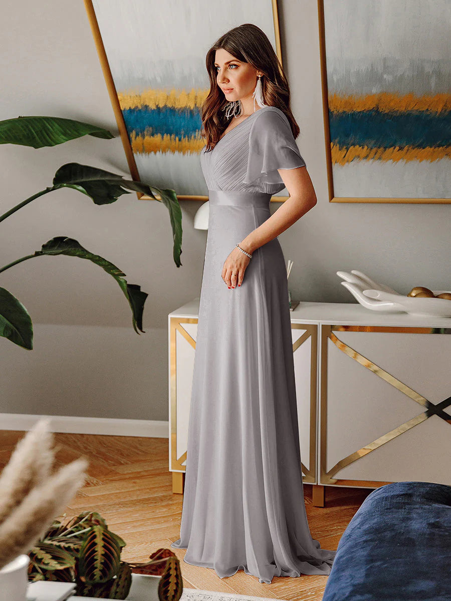 Glamorous Double V-Neck Ruffles Padded Chiffon Evening Dresses