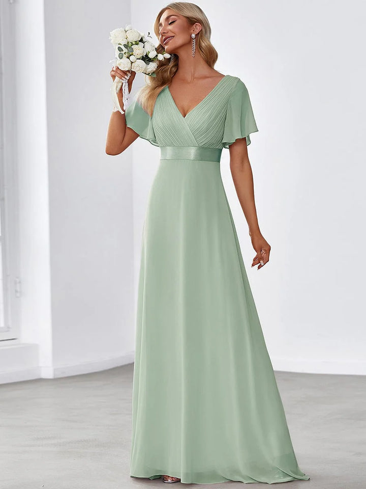 High Waist Short Sleeves Evening Dress