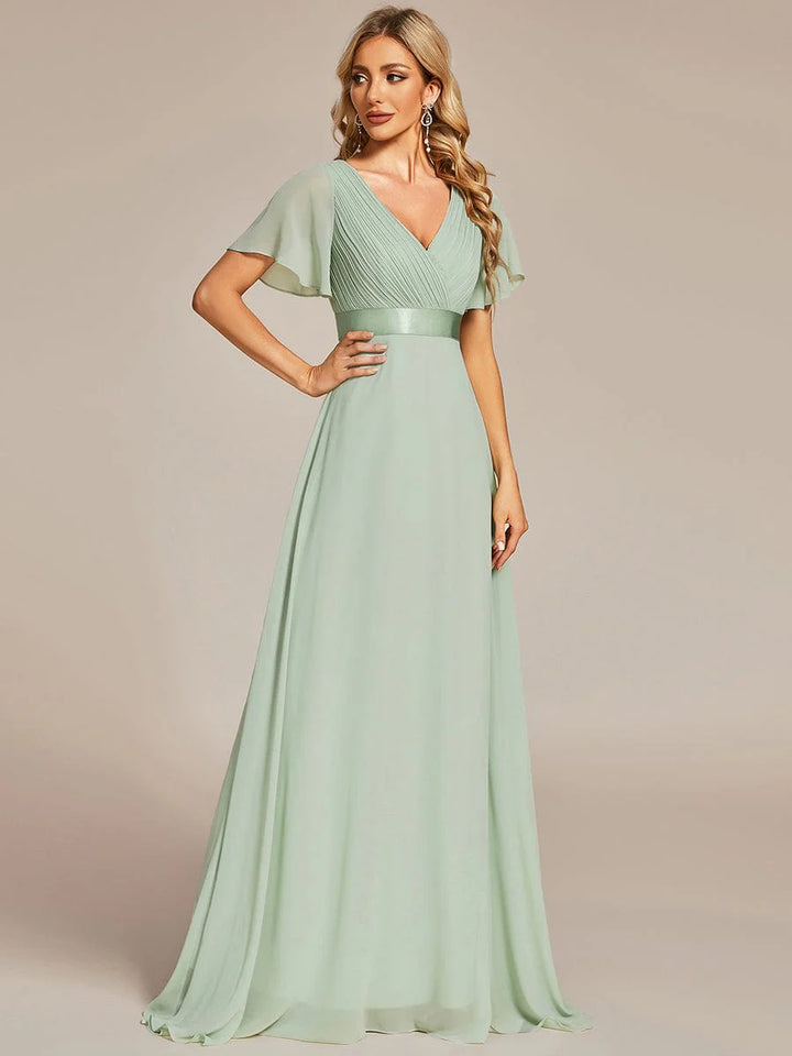 High Waist Short Sleeves Evening Dress