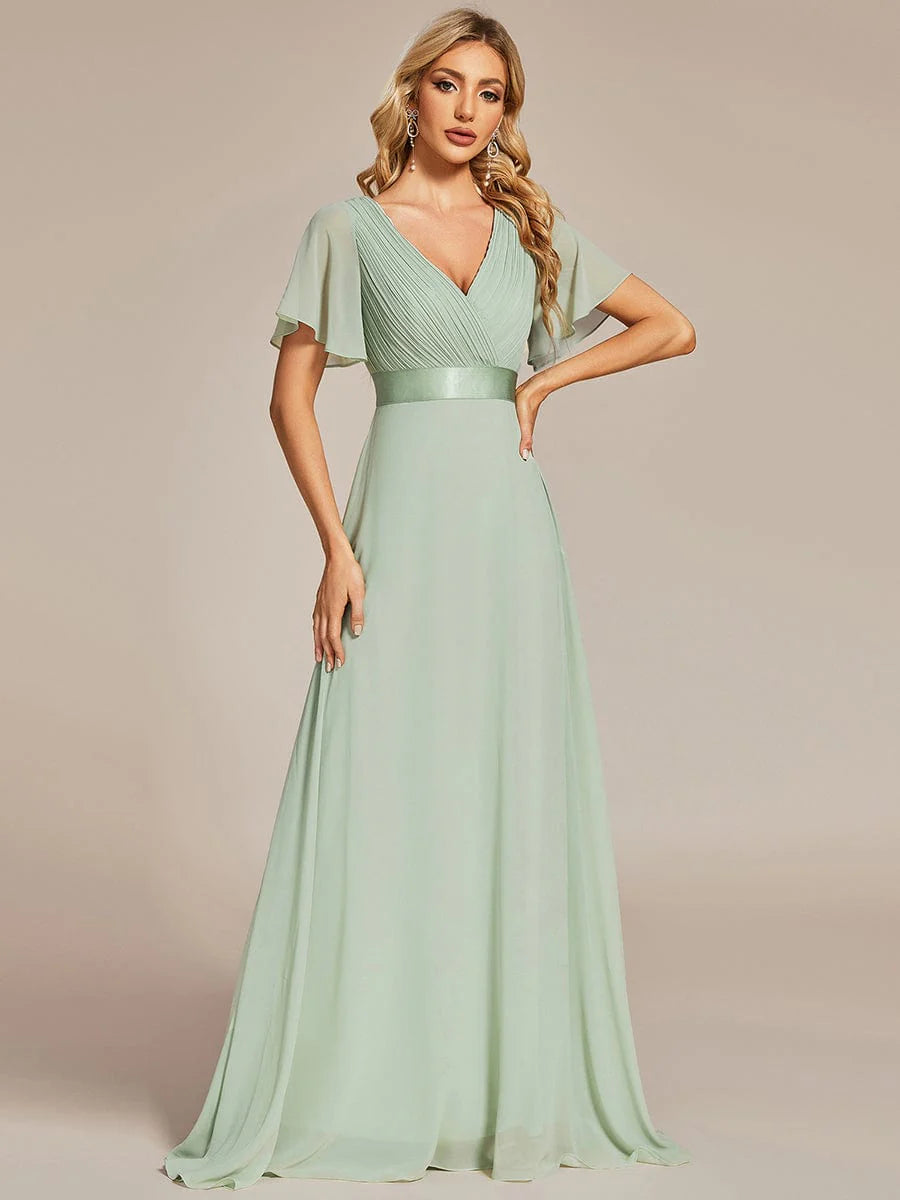 High Waist Short Sleeves Evening Dress