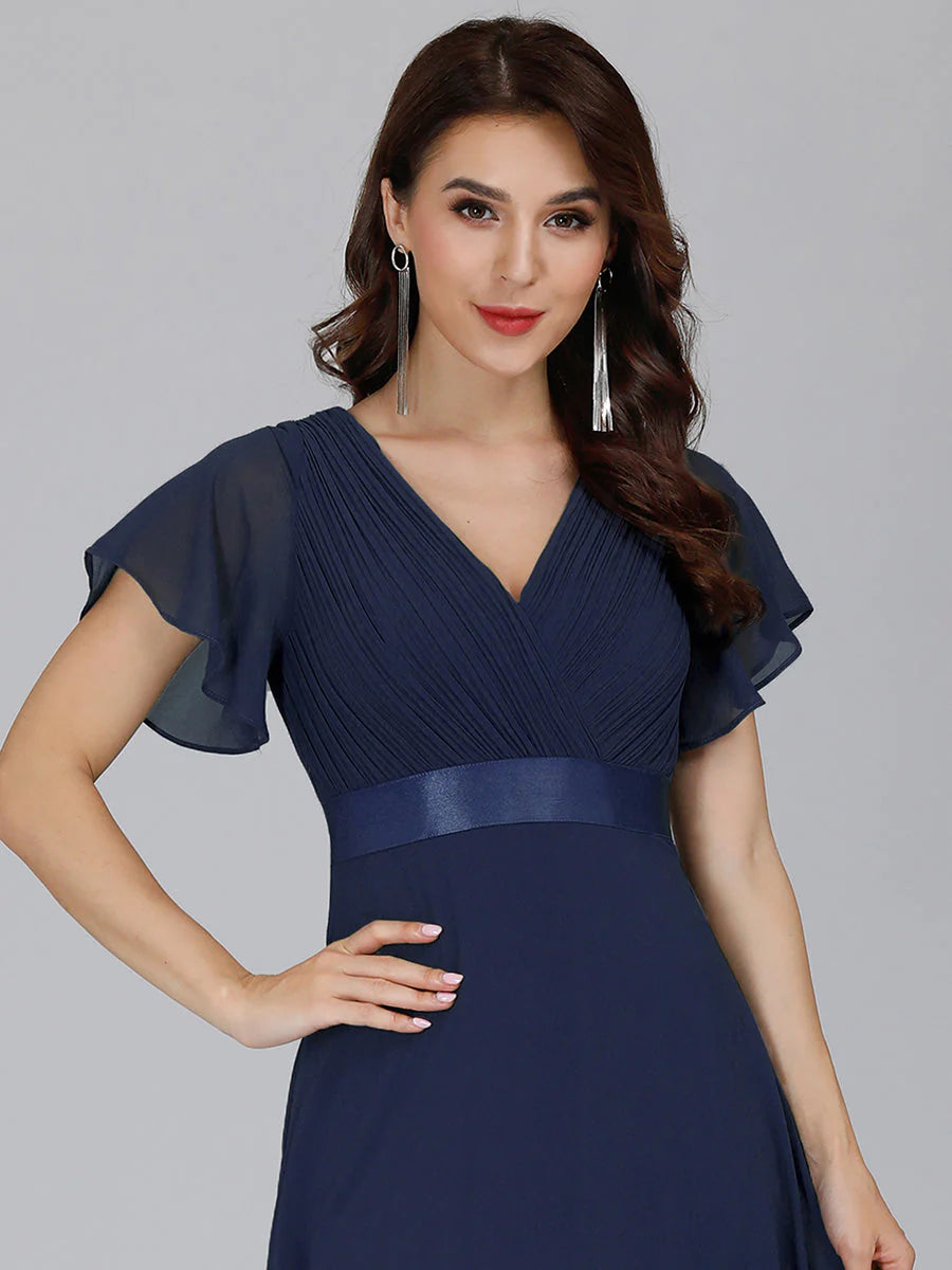 Butterfly Sleeve Pleated Top V-Neck Bridesmaid Dress - CALABRO®