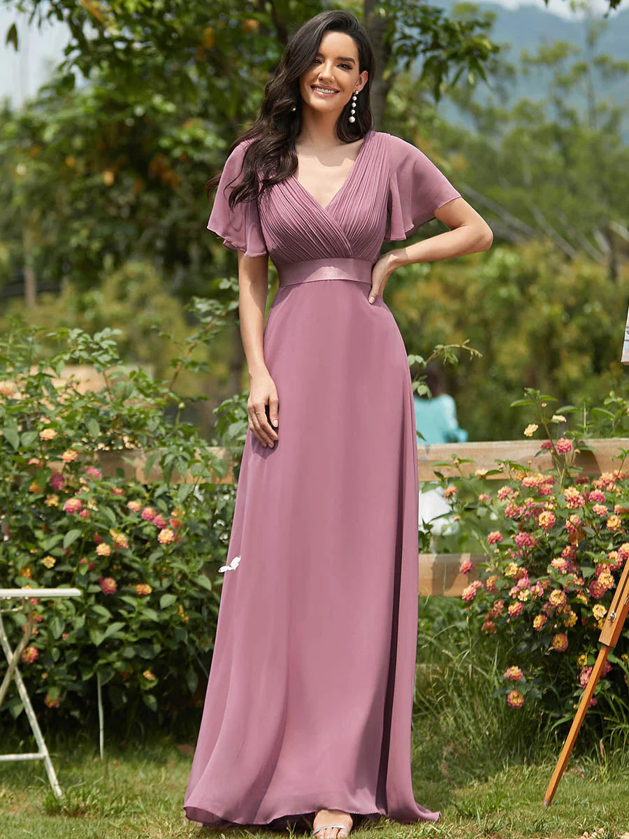 Butterfly Sleeve Pleated Top V-Neck Bridesmaid Dress - CALABRO®