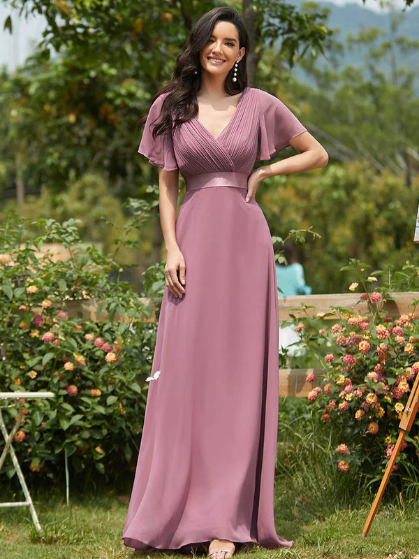 Butterfly Sleeve Pleated Top V-Neck Bridesmaid Dress