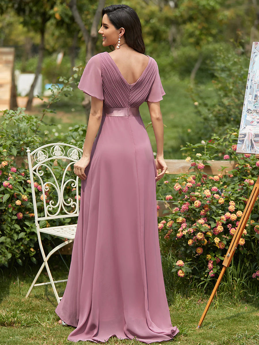 Butterfly Sleeve Pleated Top V-Neck Bridesmaid Dress - CALABRO®