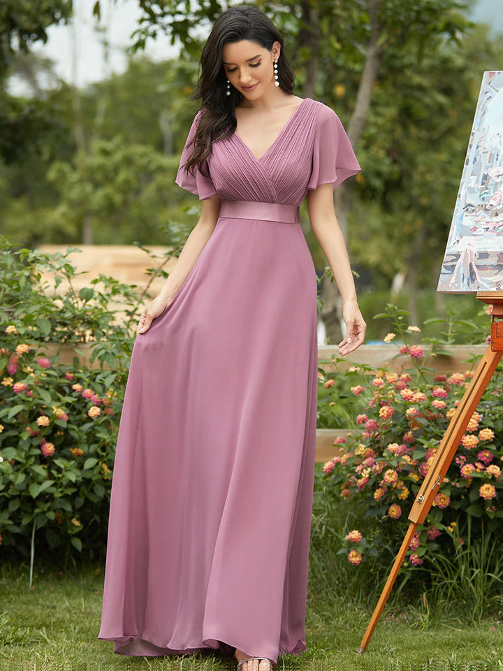 Butterfly Sleeve Pleated Top V-Neck Bridesmaid Dress - CALABRO®