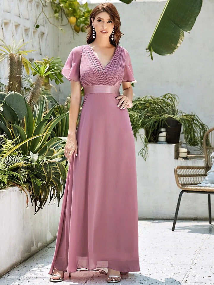 Butterfly Sleeve Pleated Top V-Neck Bridesmaid Dress - CALABRO®