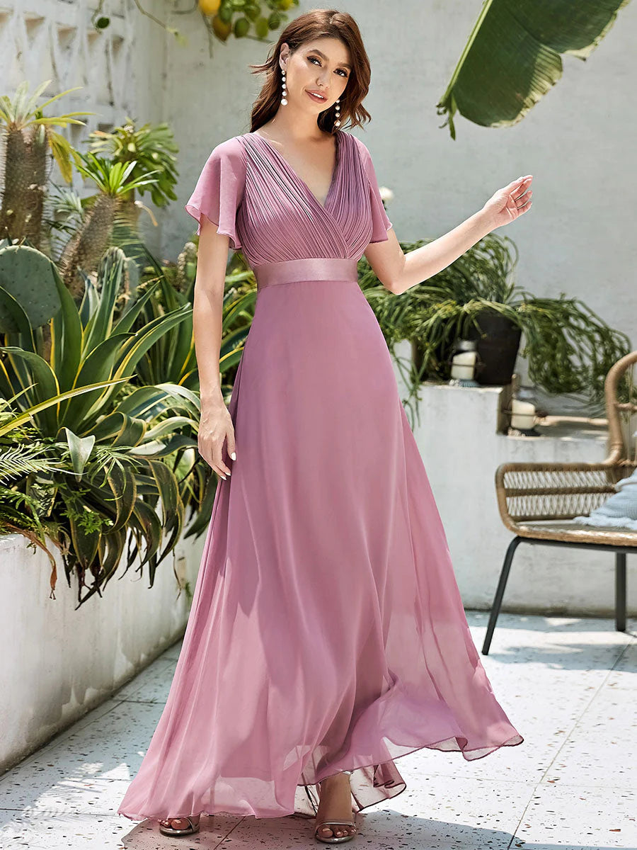 Butterfly Sleeve Pleated Top V-Neck Bridesmaid Dress - CALABRO®