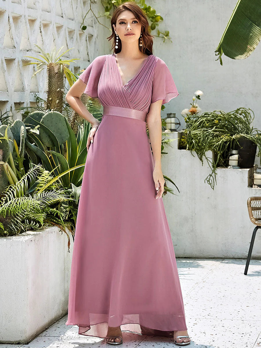 Butterfly Sleeve Pleated Top V-Neck Bridesmaid Dress - CALABRO®