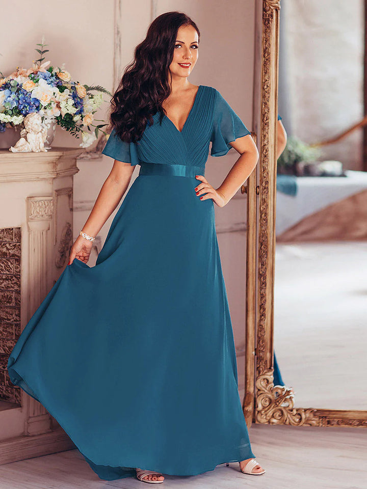 Glamorous Double V-Neck Ruffles Padded Plus Size Evening Dresses - CALABRO®