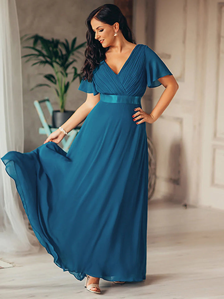 Glamorous Double V-Neck Ruffles Padded Plus Size Evening Dresses - CALABRO®