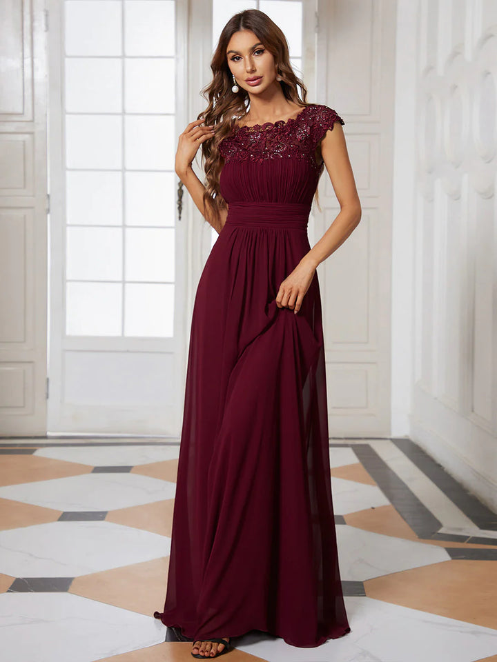 Lacey Neckline Open Back Ruched Bust Formal Dresses - CALABRO®