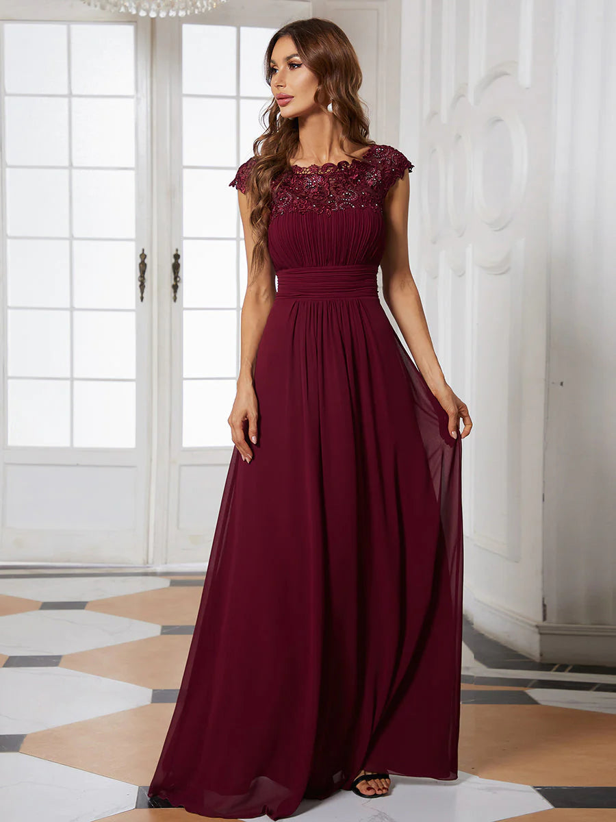 Lacey Neckline Open Back Ruched Bust Formal Dresses - CALABRO®