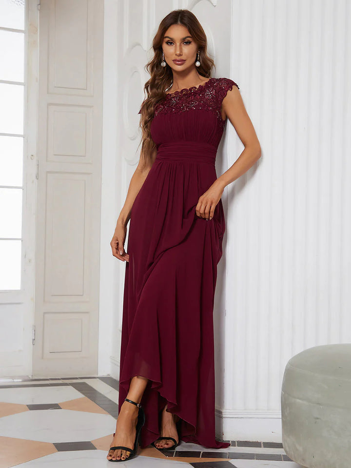 Lacey Neckline Open Back Ruched Bust Formal Dresses - CALABRO®