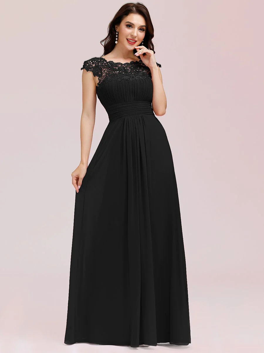 Lacey Neckline Open Back Ruched Bust Formal Dresses - CALABRO®