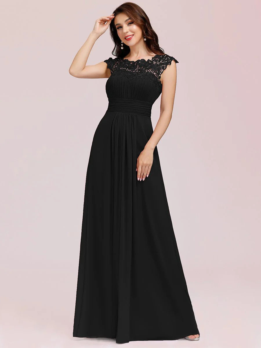 Lacey Neckline Open Back Ruched Bust Formal Dresses - CALABRO®