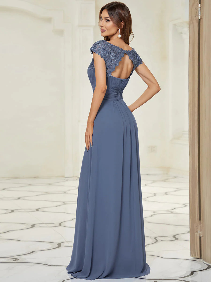 Lacey Neckline Open Back Ruched Bust Formal Dresses - CALABRO®