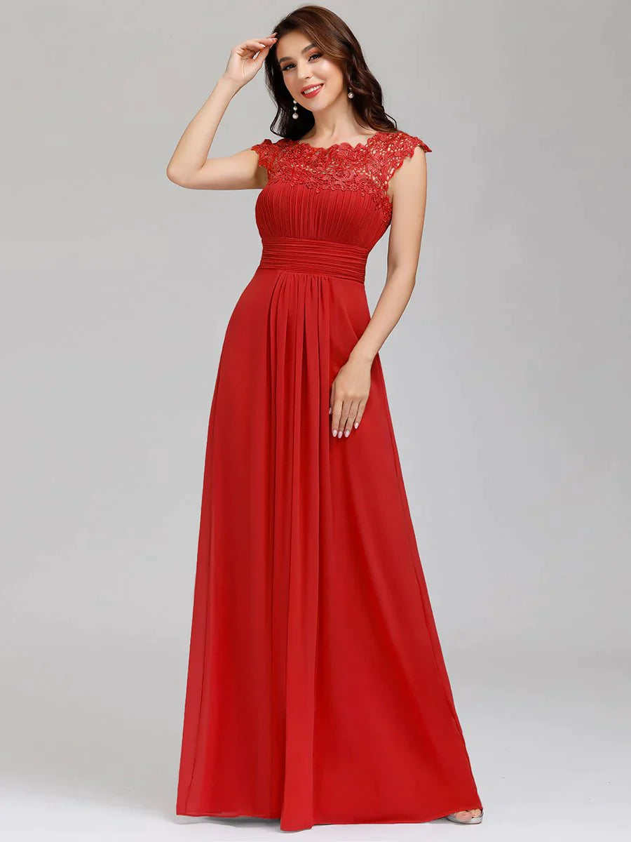 Lace Neckline Open Back Ruched Bust Plus Size Evening Dresses - CALABRO®