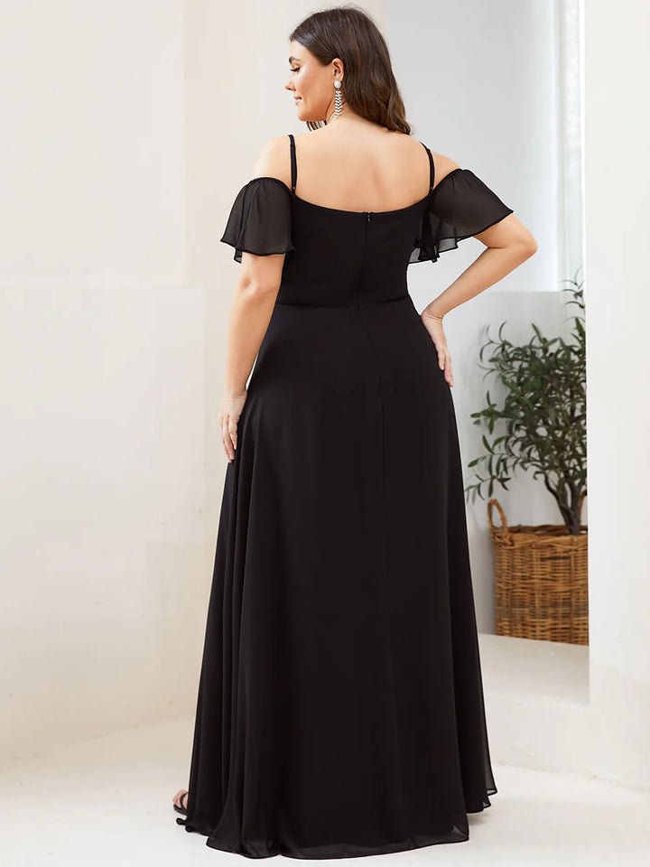 Cold Shoulder Flowy Thigh Slit Plus Size Evening Dress - CALABRO®